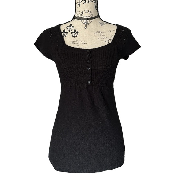 Coquette Y2K Black Short Sleeve Knit Button up Prairie Style Top - Picture 2 of 6